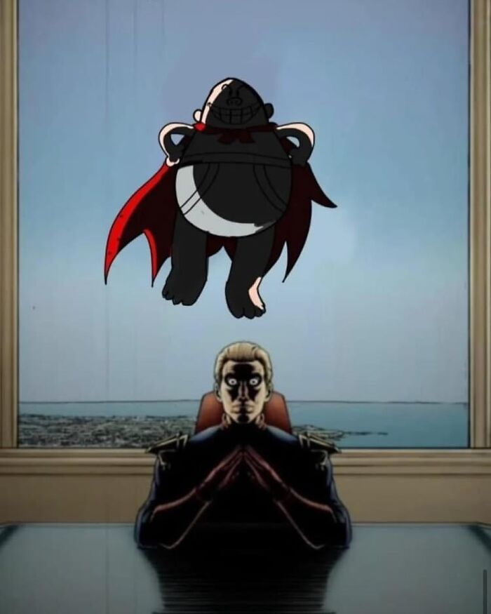 Animated character in a suit sits at a table, gazing at a flying superhero figure outside the window.