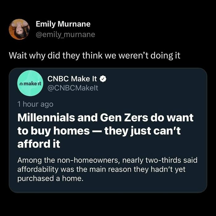Millennial life meme about housing affordability, featuring a tweet exchange on buying homes.