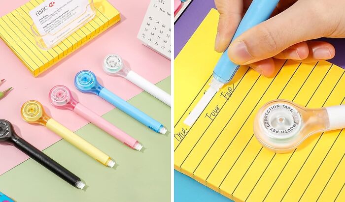 Colorful correction tape pens displayed on desk, essential for office Olympics creativity and fun.