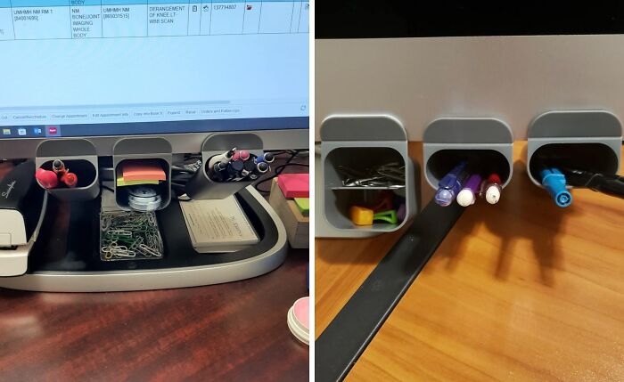 Office supplies organized efficiently in desk compartments, showcasing creativity and clever use of space for workday essentials.