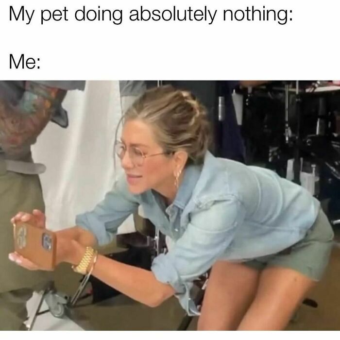 Woman crouching and taking a photo with a phone, captioned relatable meme about pets doing nothing.