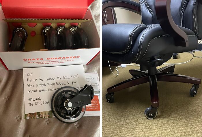 Office chair with new caster wheels from The Office Oasis, showcasing convenience in workday activities.