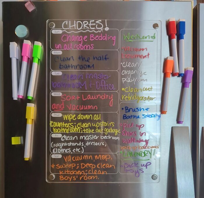 Weekly chore chart on fridge with colorful markers, highlighting 20 tasks contractors might overlook.