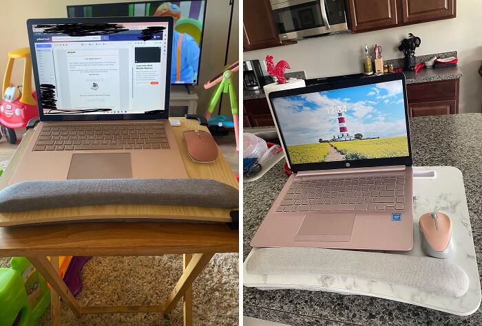 Two laptops set up for Office Olympics, featuring pink accessories and comfortable wrist rests on tables.