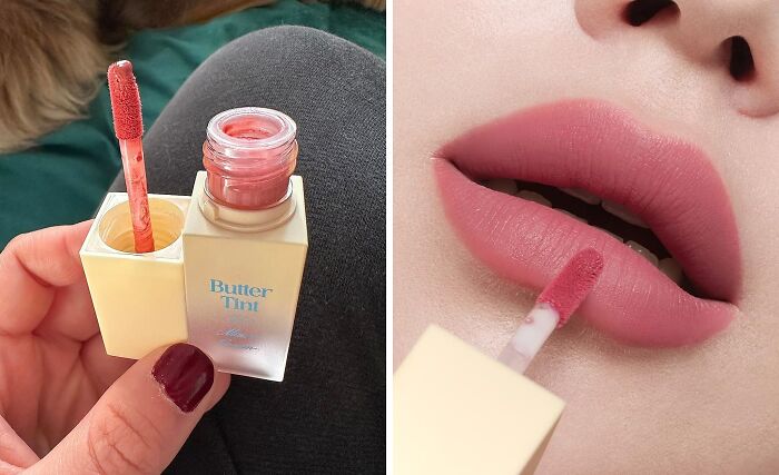 Close-up of applying pink butter tint lip gloss, one of the weirdly wonderful finds revealed for beauty enthusiasts.