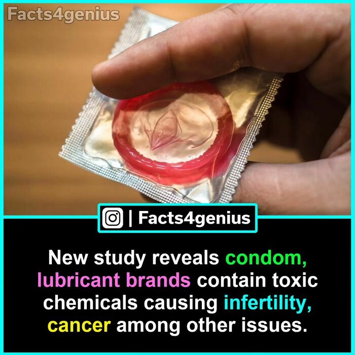 Close-up of a hand holding a packaged c****m; interesting facts for genius highlighted below.