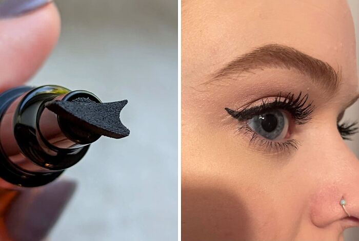 Close-up of a unique cat-shaped eyeliner stamp and a woman applying precise eye makeup, showcasing weirdly wonderful finds.