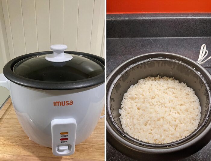 Rice cooker with cooked rice, simplifying your chores effortlessly.