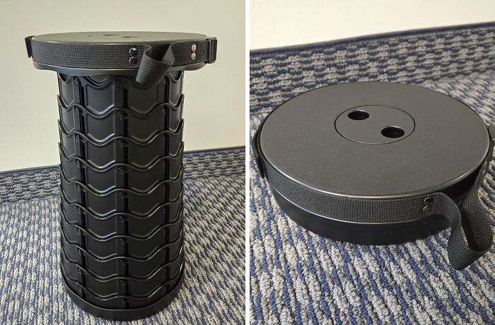 Collapsible black stool with a carrying strap shown both extended and folded on a textured carpet, a weirdly wonderful find.