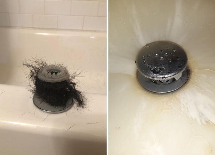 Bathtub hair catcher showing before and after cleaning, simplifies chores.