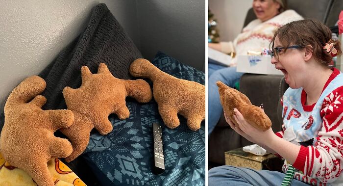 Cushion shaped like dinosaur feet on a couch and a person excitedly holding one, showcasing weird things to discover.