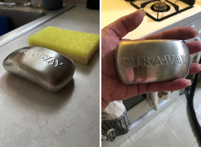 Metal soap bar labeled "Rub Away" on kitchen counter, next to a yellow sponge, helps with chores.