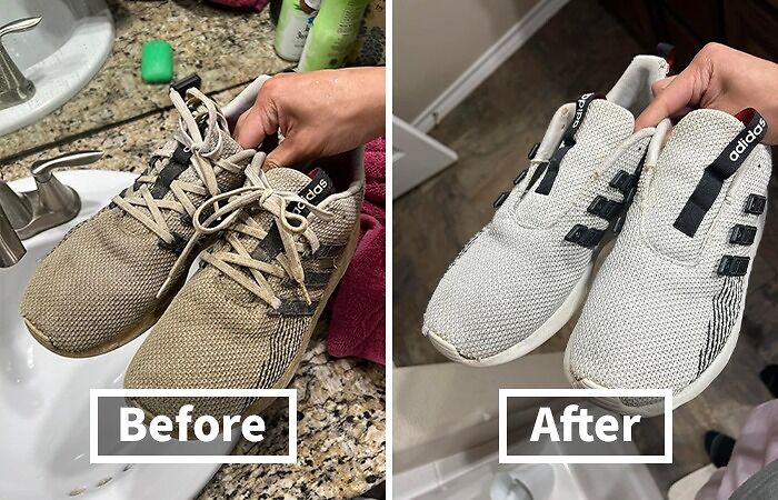 Dirty sneakers transformed to clean with chore-saving product, showing before and after comparison.