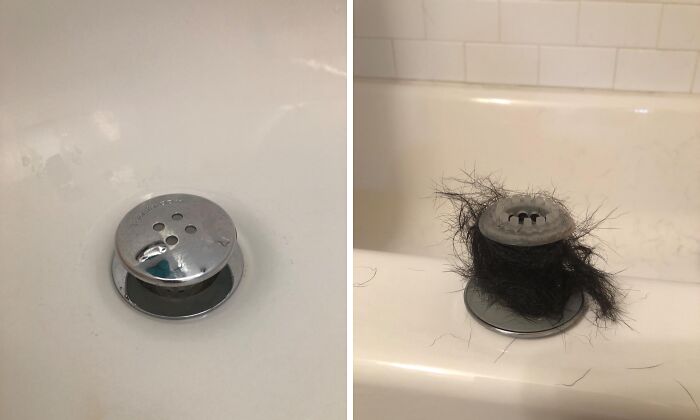 Bathtub drain before and after clogged with hair, showing a weirdly wonderful find blocking water flow.