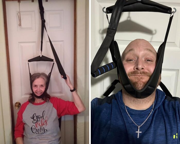 Two people using neck traction devices at home, showcasing weird things unknown to many.