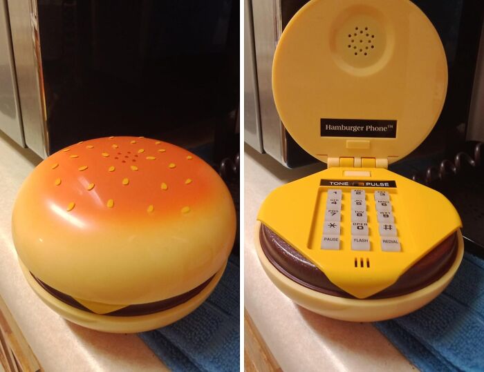 Hamburger-shaped phone closed and open, revealing keypad—a weird thing that surprises with its quirky design.