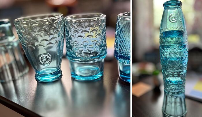 Blue patterned glasses stacked to form a fish-like shape, an unusual and surprising design discovery.