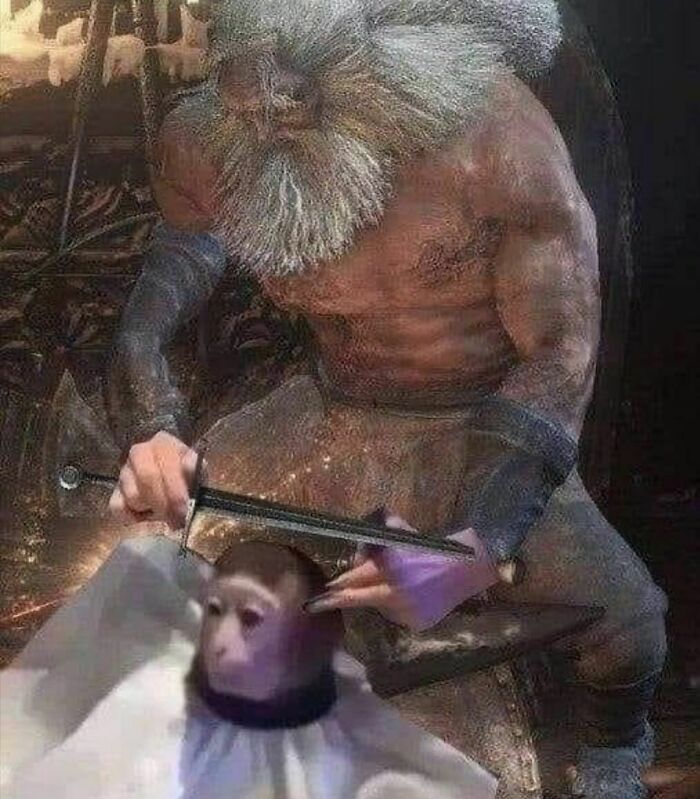 A surreal image of a muscular figure sharpening a sword with a monkey in the background.