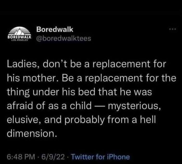 Text from @boredwalktees on Twitter, humorously discussing relatable childhood fears and relationships.