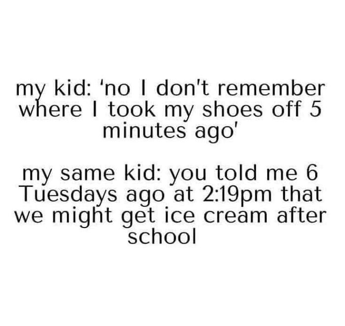 "Toddler memes highlight a child's selective memory about shoes vs. ice cream promises."
