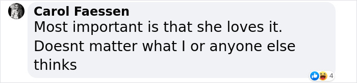Carol Faessen's comment supporting tattoo changes and personal choice in a social media post. Carol Faessen's comment supporting tattoo changes and personal choice in a social media post.