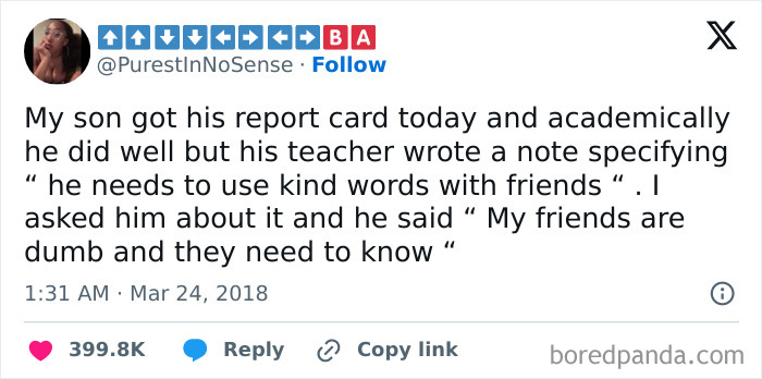 A tweet about a child's report card with a humorous note, shared by an Instagram account known for funny memes.