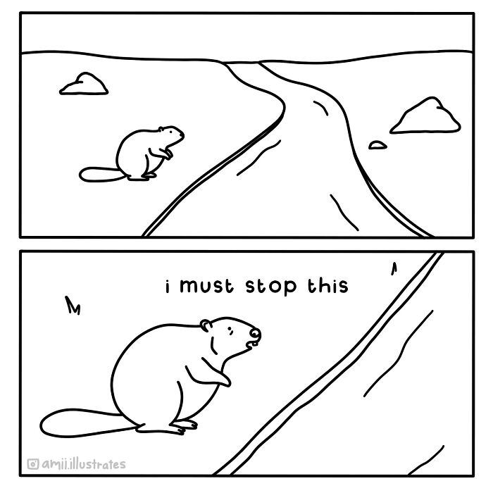 Two-panel silly comic featuring a beaver near a river, commenting on mundane daily life with fresh perspective.