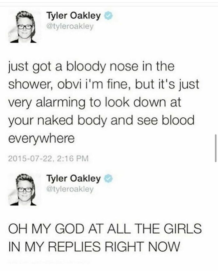 Funny meme from an Instagram account featuring a tweet about an awkward scene with a nosebleed in the shower.