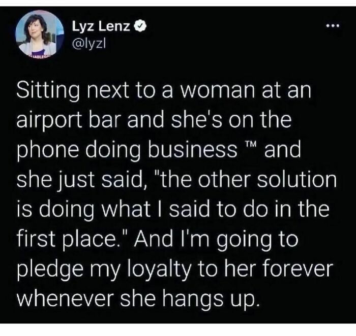 Woman on phone at airport bar, humorous meme about her business call comment, shared on Instagram.