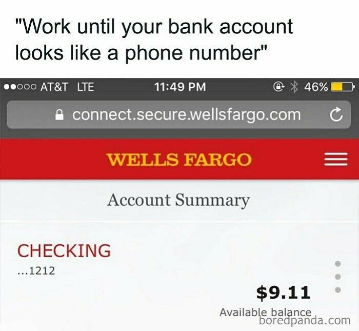 "Wells Fargo meme shows low bank balance humor with $9.11 in account summary."