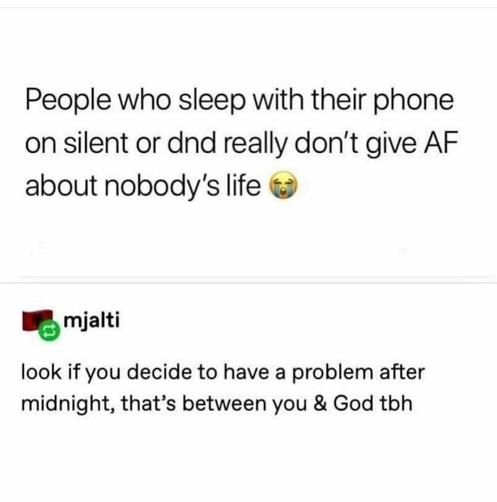 Instagram meme about phones on silent mode and late-night problems.