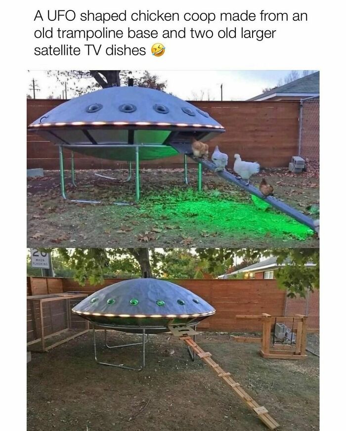 UFO-shaped chicken coop made from trampoline and satellite dishes. Funny Instagram meme.