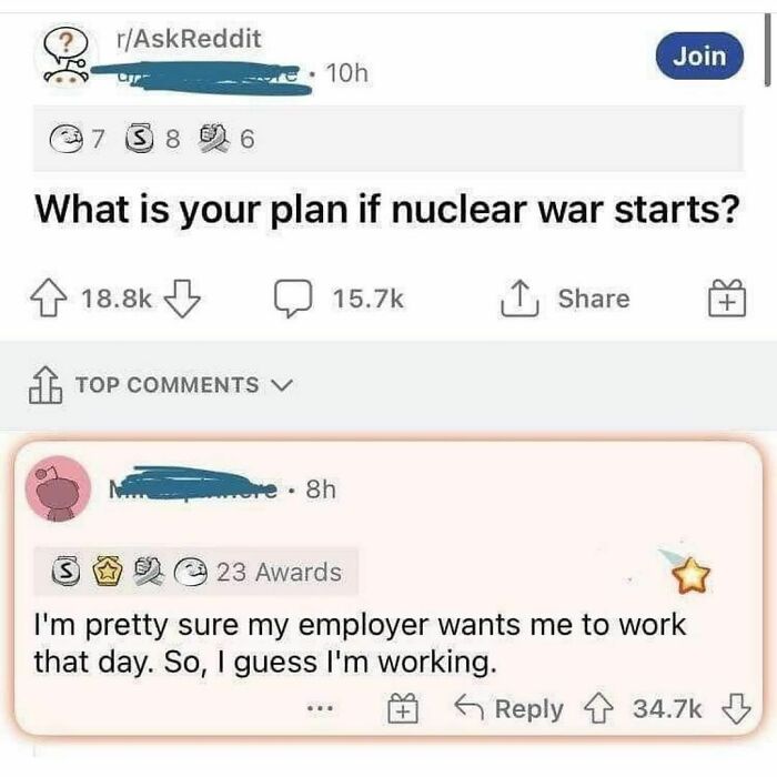 Funny meme from Instagram account about working during a nuclear war, showing a Reddit post and humorous response.