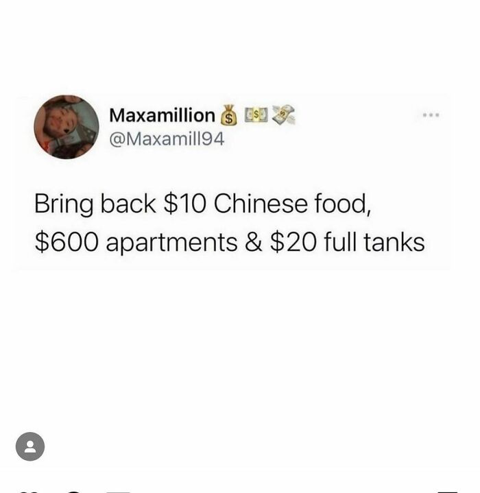 Instagram meme about nostalgia for affordable prices on food, rent, and fuel.