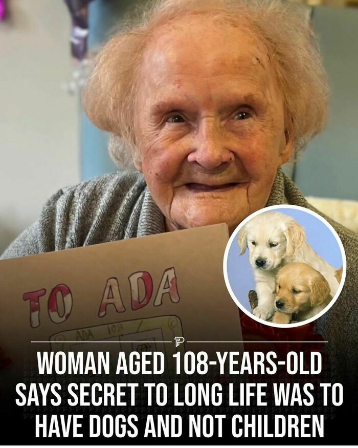 Elderly woman smiling with a card, sharing her secret to longevity; an inset shows two puppies.