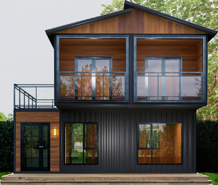 Modern two-story house with wood and metal finish, featuring large windows and balconies.