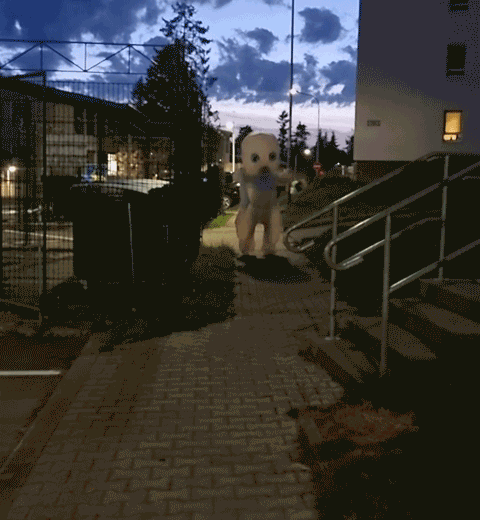 A person in an inflatable dinosaur costume walking outside at dusk, highlighting a weird and surprising moment.