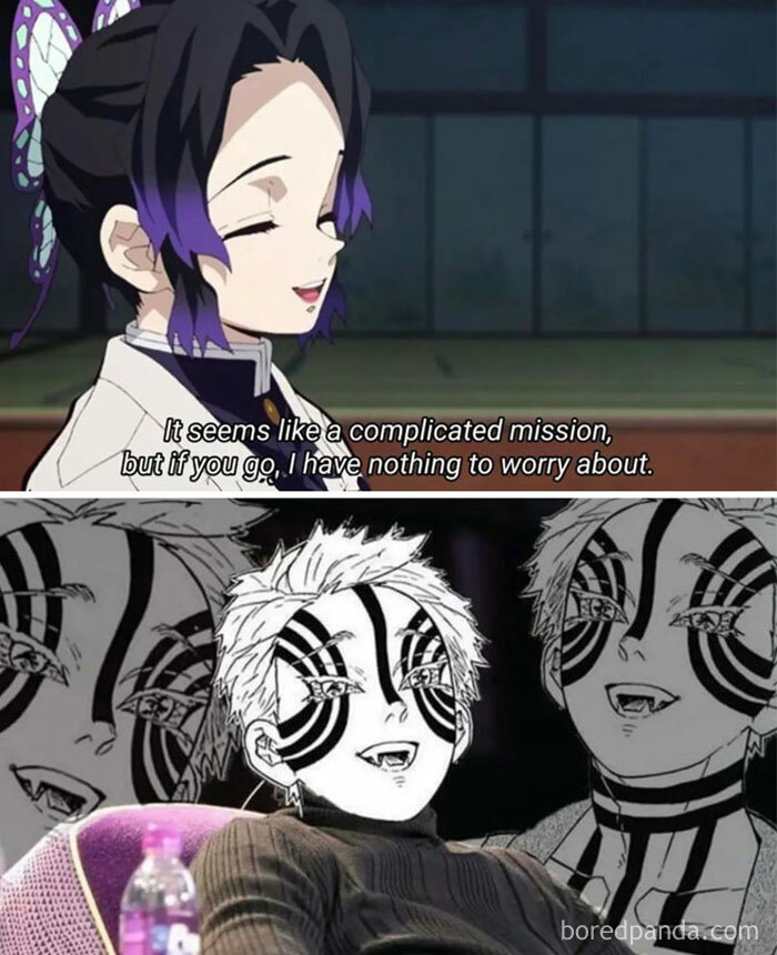 Demon Slayer meme with Shinobu Kocho smiling and Akaza laughing confidently in a manga style.