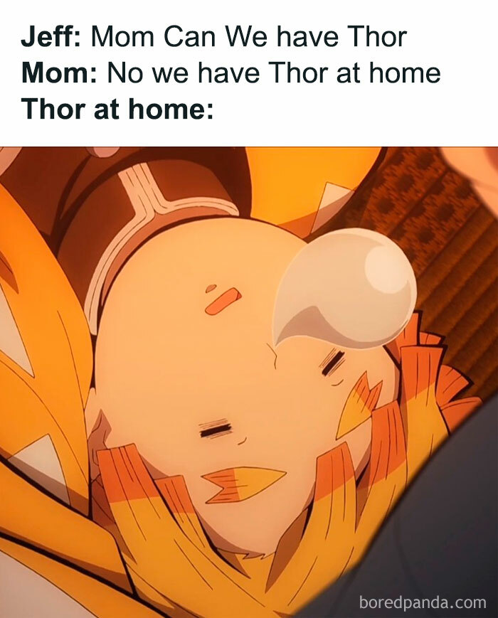 Demon Slayer meme with Zenitsu depicted humorously as "Thor at home" while sleeping.
