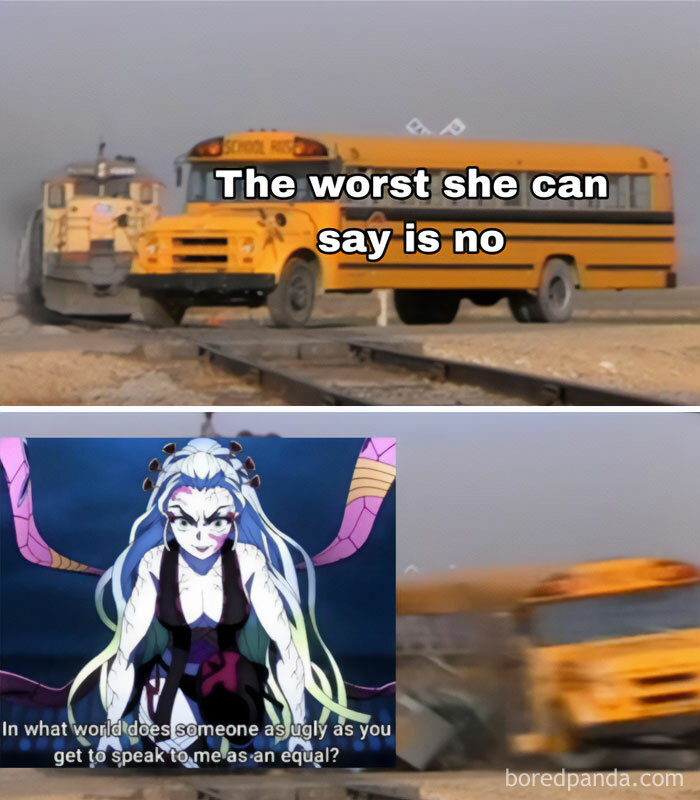 Demon Slayer meme with a school bus and angry Daki, humorously showing a harsh rejection.