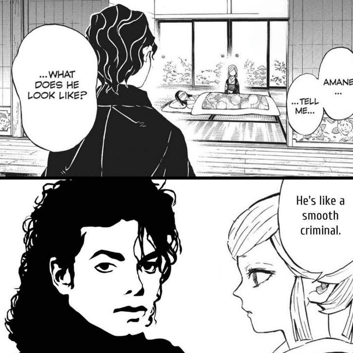 Demon Slayer meme with a character joking Muzan Kibutsuji resembles Michael Jackson's "Smooth Criminal" look.