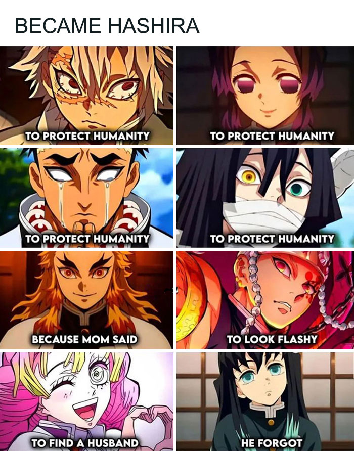 Demon Slayer meme with Hashira characters humorously explaining their reasons for becoming a Hashira.