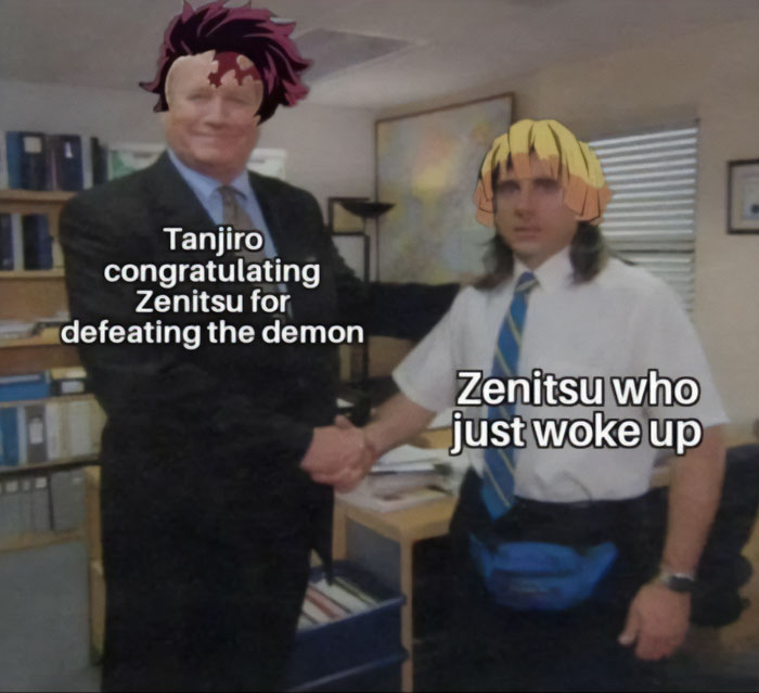 Demon Slayer meme with Tanjiro congratulating a confused Zenitsu in an office setting.