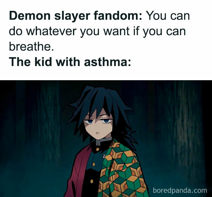 Demon Slayer meme with Giyu Tomioka reacting humorously to breathing advice, highlighting asthma irony.