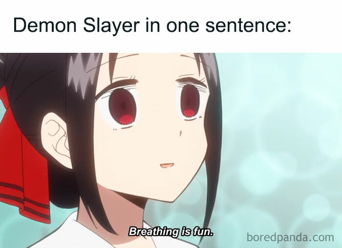 Anime character with a neutral expression; humorous Demon Slayer meme text: "Breathing is fun."