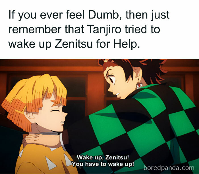Demon Slayer meme with Tanjiro trying to wake up Zenitsu, caption highlights Zenitsu's unreliability.