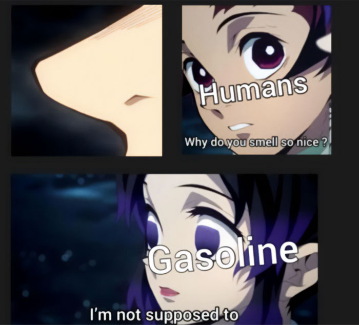 Demon Slayer meme: Tanjiro's sense of smell humor with humans and gasoline captions.