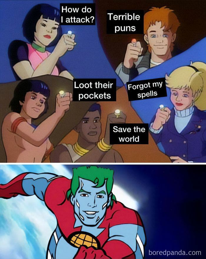 A DnD meme featuring characters from "Captain Planet." In the first panel, five characters hold up their rings with captions over each: "How do I attack?" "Terrible puns," "Loot their pockets," "Forgot my spells," and "Save the world." The second panel shows Captain Planet with the caption "Save the world." The meme humorously depicts the different types of players in a D&D game and their varied approaches to solving problems.