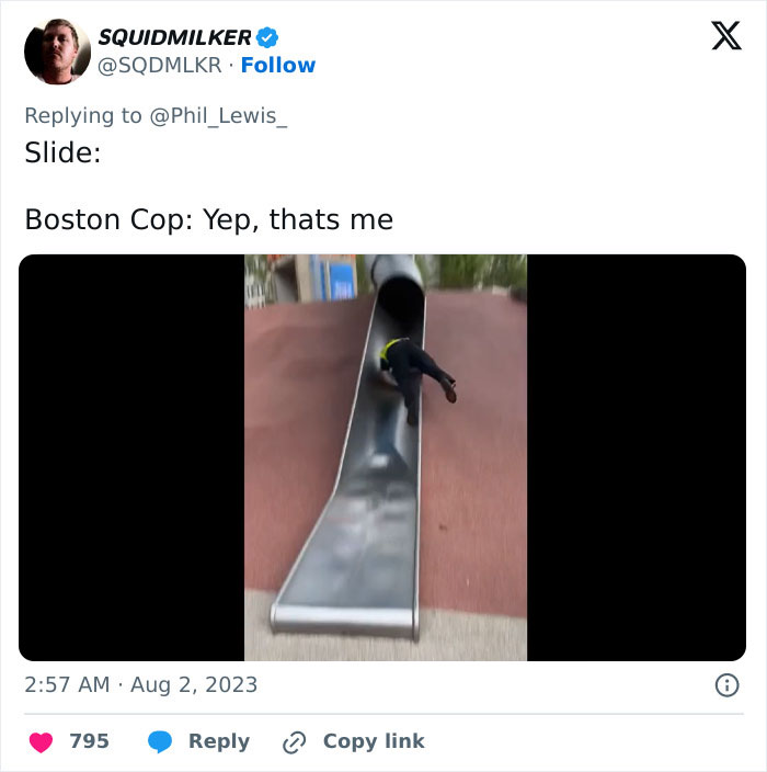 Police officer on a playground slide, capturing a humorous moment from 2023 memes.