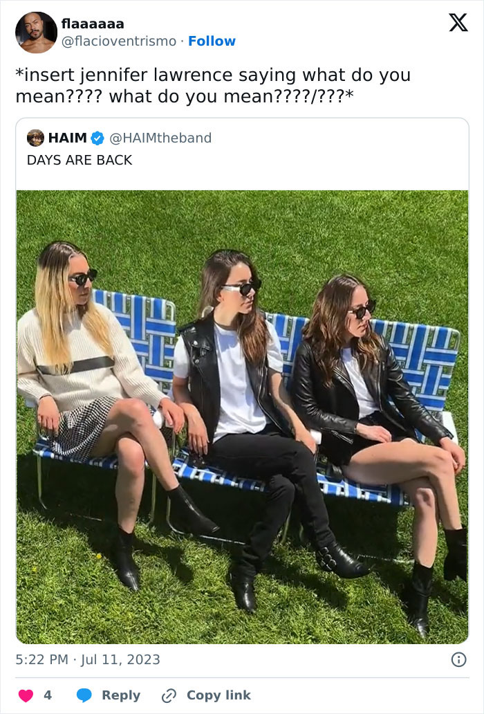 Three women in sunglasses and casual outfits sitting on a striped bench outdoors, showcasing funny memes of 2023.